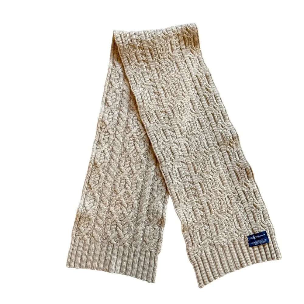 Polo Ralph Lauren‎ Wool Rabbit Hair Cable Knit Scarf Oatmeal Beige Chunky Winter